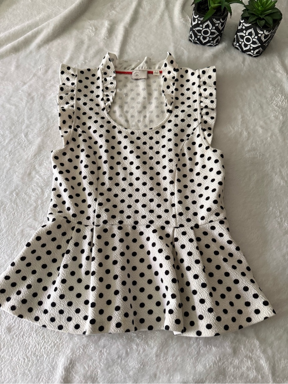 Anthropologie Postmark Black Polka Dots White Peplum Top S Small Ruffles